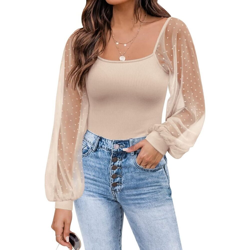 Women’s Mesh Long Sleeve Shirt Rayon Spandex Slim Fit Chic Casual Top